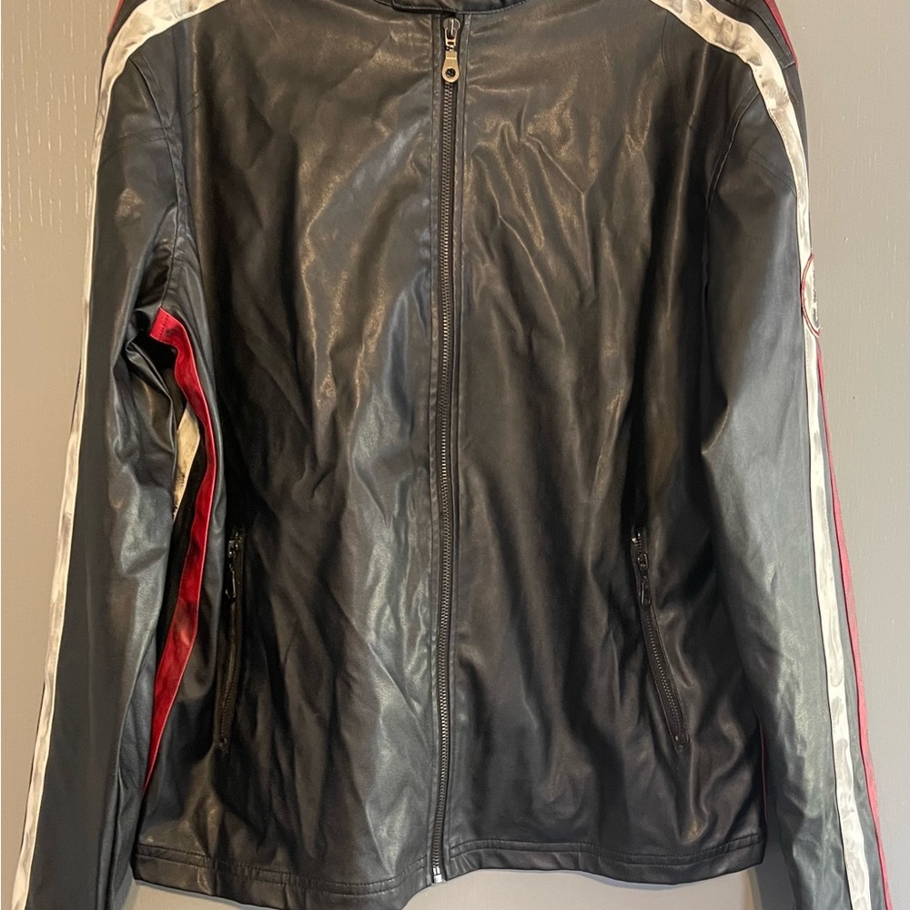POP ICON CLOTHING Black Jacket with Red and White Stripes Rare Biker Motorcycle